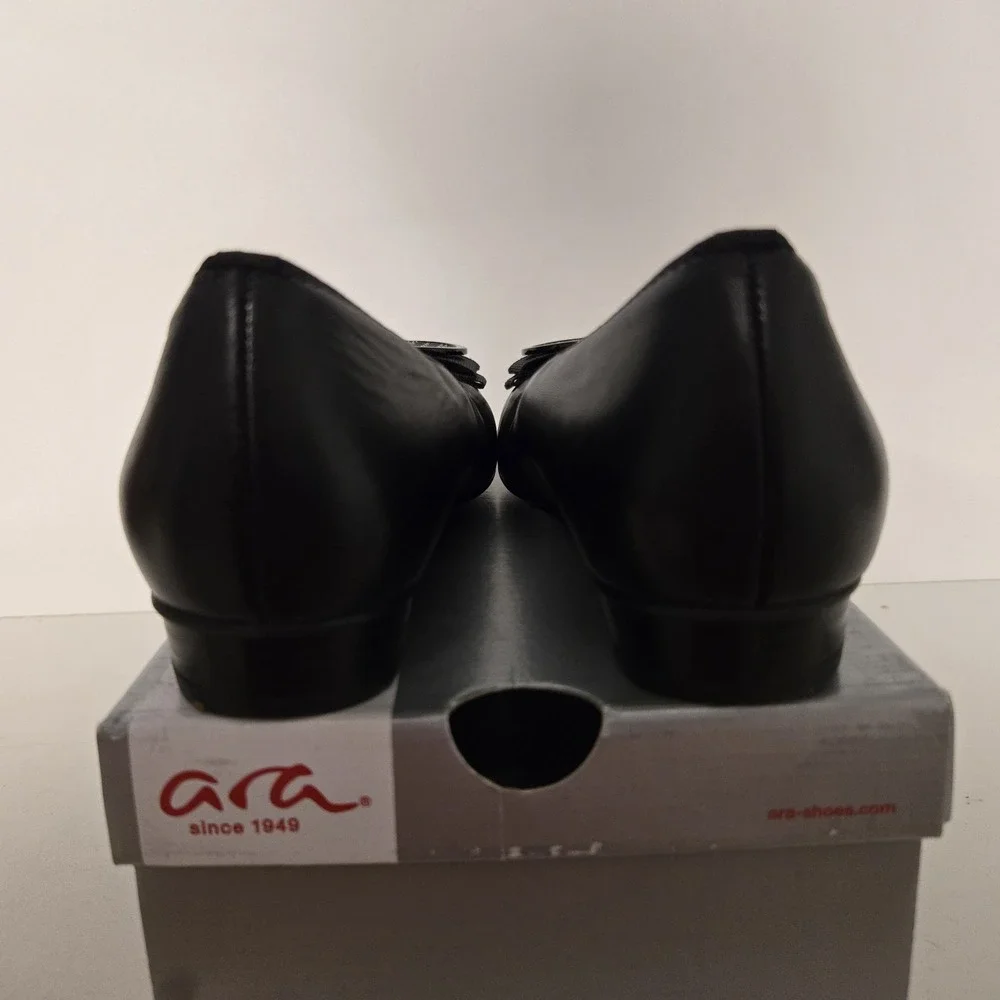 Ara Size 8 Black Leather Bambi Ballet Flats with Bow Detail NEW